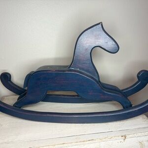 Vintage Rustic Wooden Blue Rocking Horse Nursery Decorative Piece Folk Style